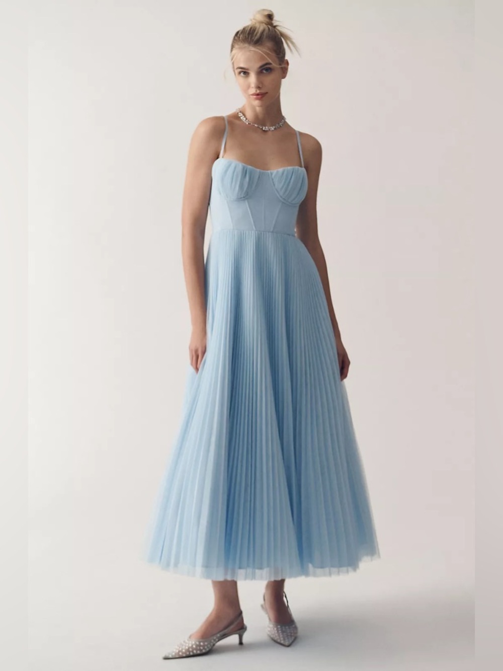 Hutch Amara Corset Pleated Tulle Fit & Flare Midi Dress in light blue